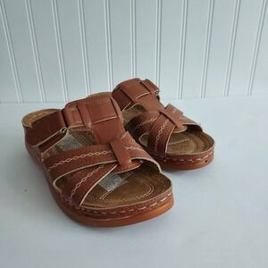 Womens Brown Faux Leather Wedge Slide Sandals Adjustable Straps Size 39